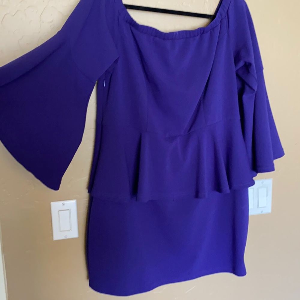 Purple/blue peplum dress with flare bell sleeves